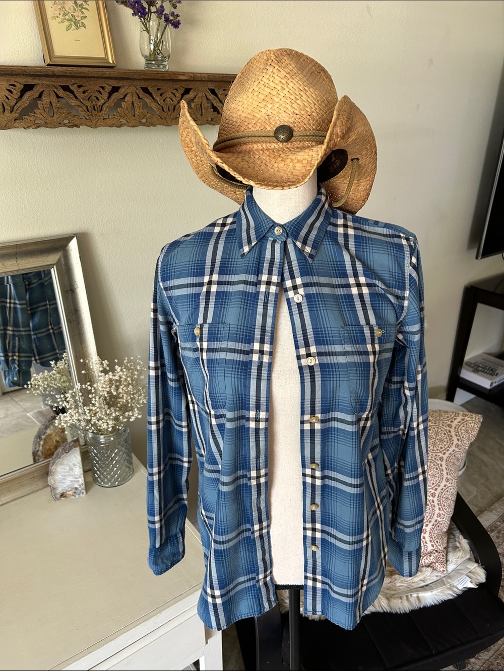 Ralph Lauren Vtg western blue plaid country button down cotton shirt XS oversize